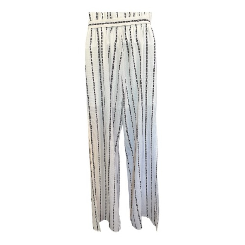 EUC One Clothing ivory & brown striped wide leg jumpsuit w/ belt | size large - Picture 9 of 12